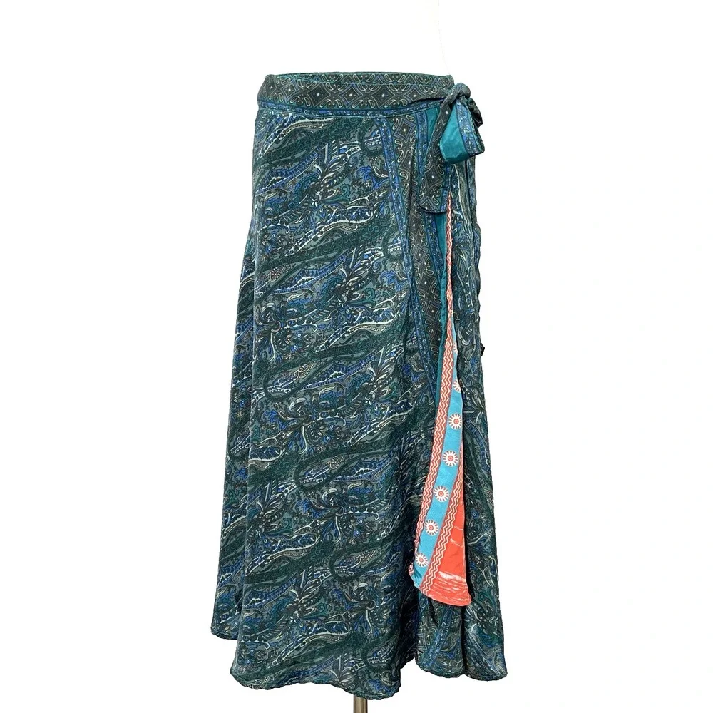 Sari Wrap Maxi Skirt Reversible Layered Art Silk Paisley Boho Festival One Size